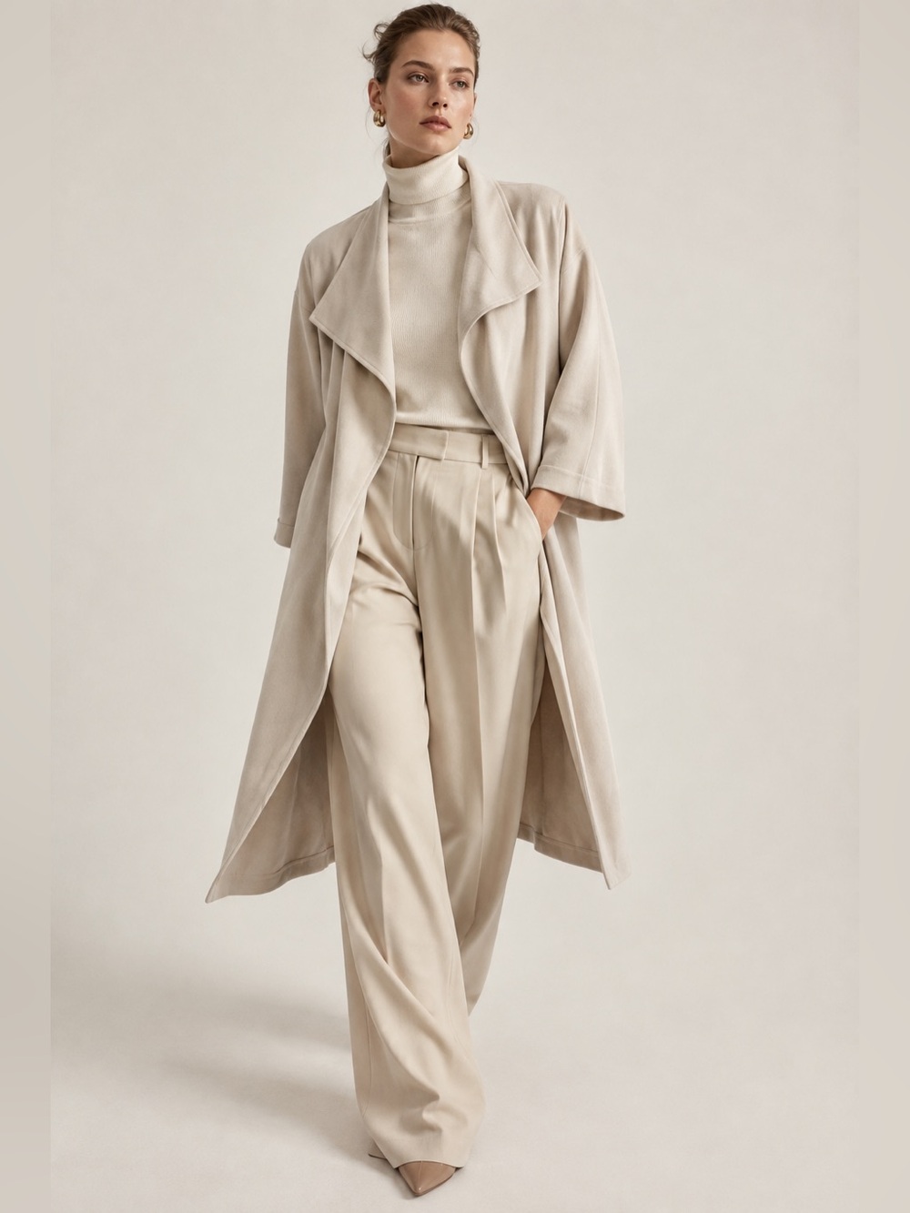 Max Mara Wool Viscose Duster Coat M Beige Draped Quiet Luxury Italian Designer